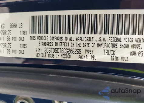 2012 Ram 2500 Slt из США, поврежденный, VIN 3C6TD5DT6CG206269